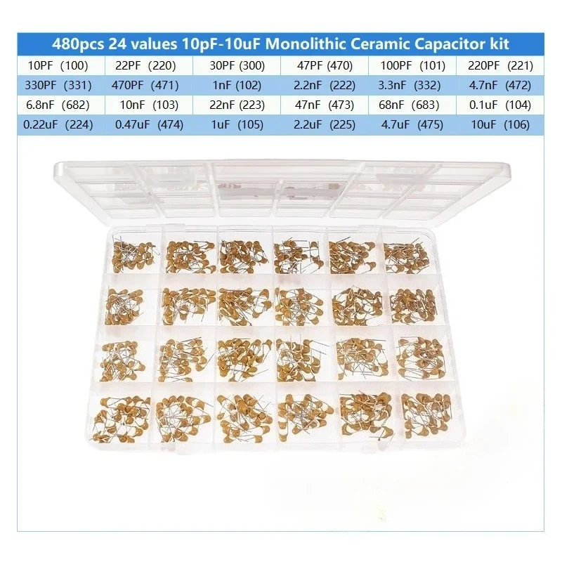 480PCS/box 50V Monolithic Ceramic Capacitor Assortment Kit 10pF-10uF Capacitor 24 Values Capacitor Sample Kit