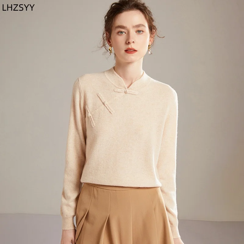 LHZSYY 100% czysty kaszmir sweter damski sweter z klamrą wysokiej jakości ciepła bluzka z długim rękawem nowa kaszmirowa dzianina luźna prosta