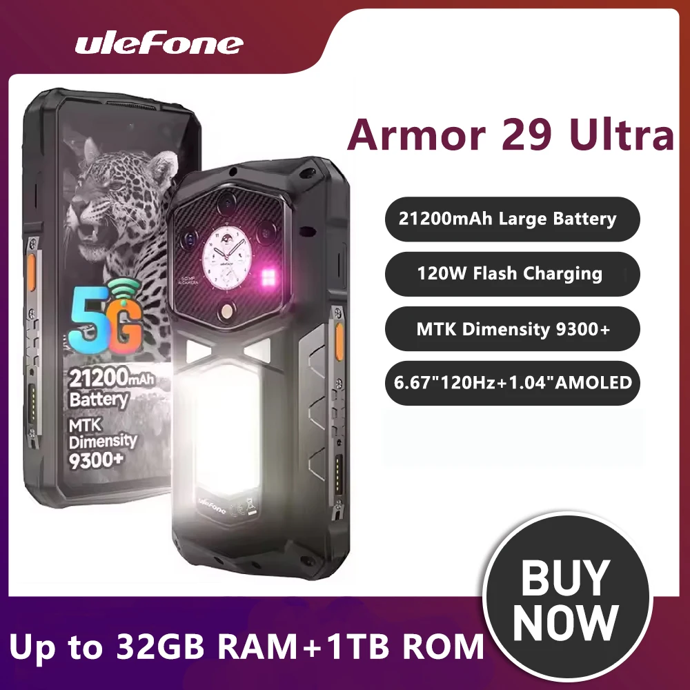 Ulefone 5G AI Rugged Phone Dimensity 9300+ Dual Screen 32GB+ 1TB 64MP Night Vision Armor 29 Ultra Smartphone Android 15 NFC