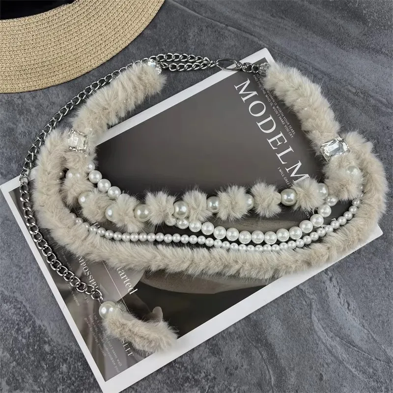 Women's Vintage Faux Fur Pearl Chain Corset Female Cummerbund Coat Waistband Dress Decration Narrow Belt J1859