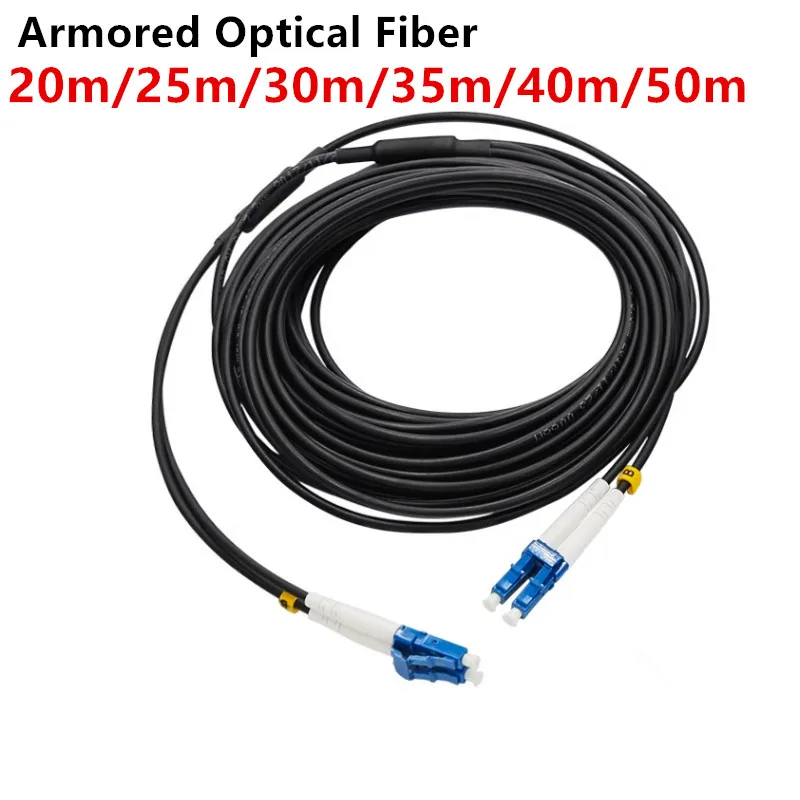 Fibra óptica blindada para exteriores, SC-SC/FC/LC monomodo 2 núcleos, cable de conexión de salto de cable flexible blindado de alambre de acero, 20m a 50m