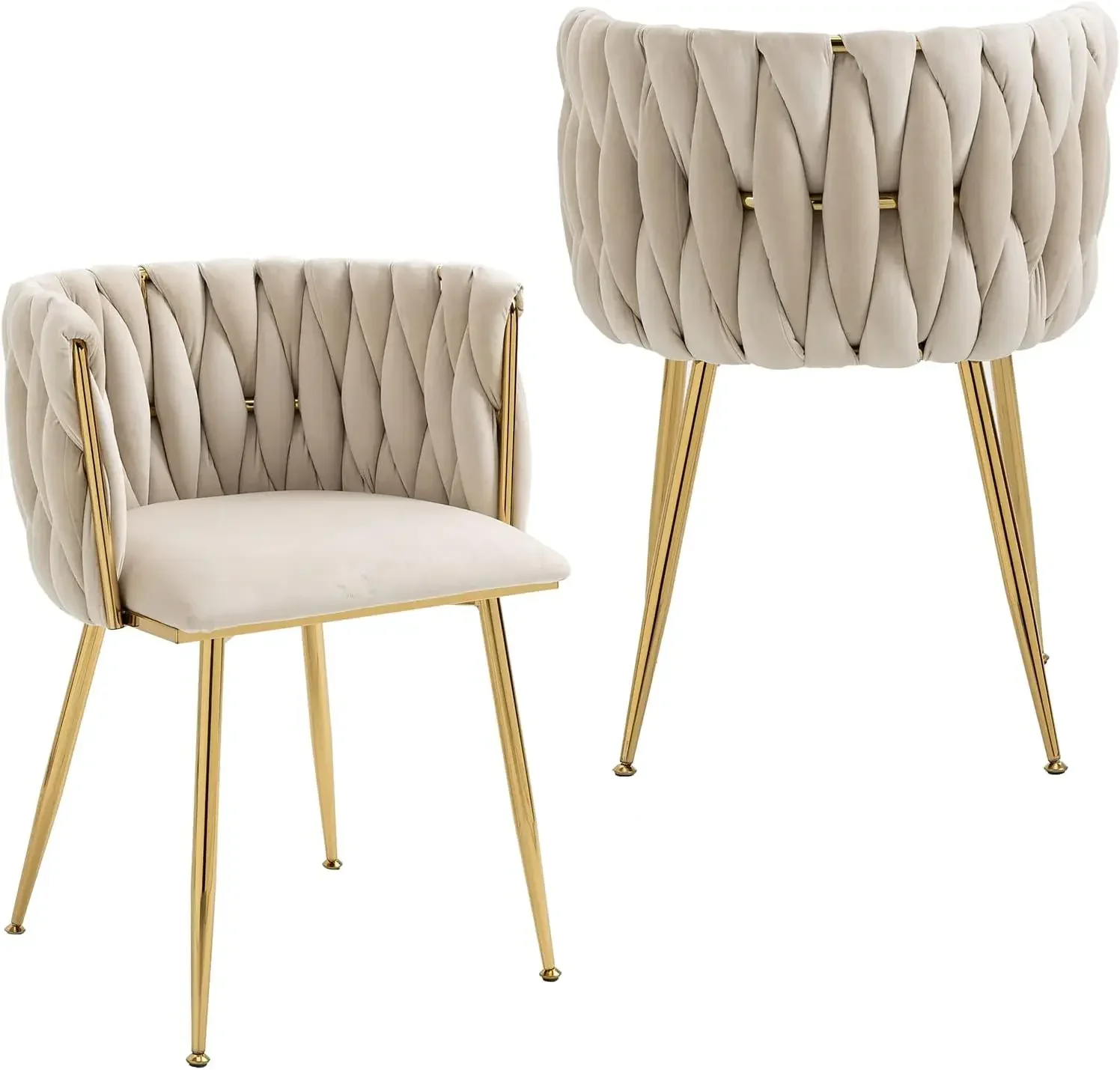Modern Velvet Dining Chairs Hand Weaving Accent Chairs Living Room Chairs Upholstered Side Chair with Golden Metal Legs for Dini