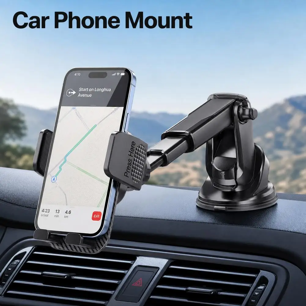 Suporte universal para telemóvel, com ventosa, para fixar no painel ou no para-brisas do carro, com braço telescópico e rotação de 360 graus, ideal para navegação.