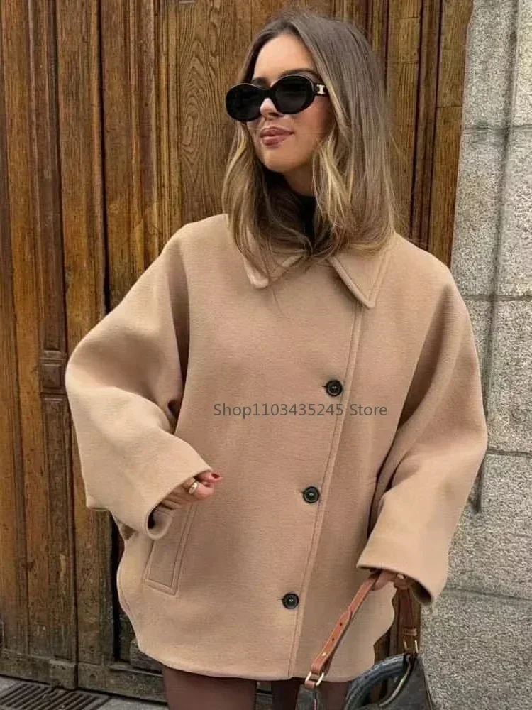 Mode Revers Woll jacke für Frauen 2024 Frühling einreihige Langarm mäntel weibliche elegante übergroße schicke Street Outwear