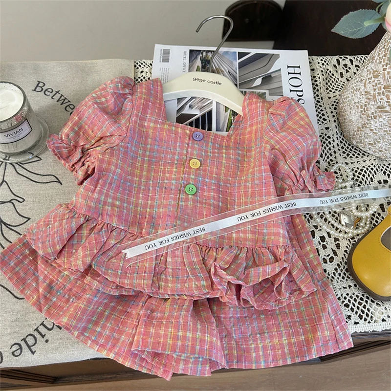 Baby Girl Set Summer New Cotton Plaid Bubble Sleeve Top And Shorts Two-Piece Set For Baby Girls Korean Version