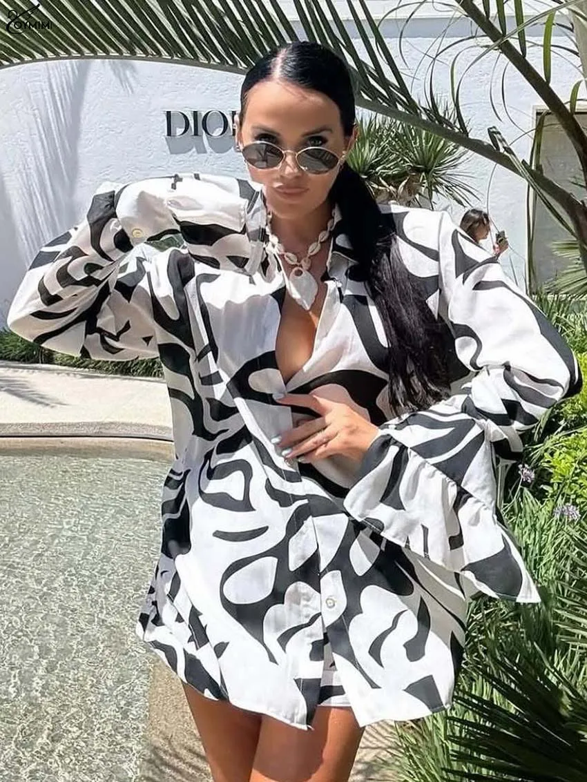

Oymimi Casual Black Print Woman 2 Piece Set Outfit Fashion Lapel Long Sleeve Button Shirts And High Waisted Shorts Female Sets