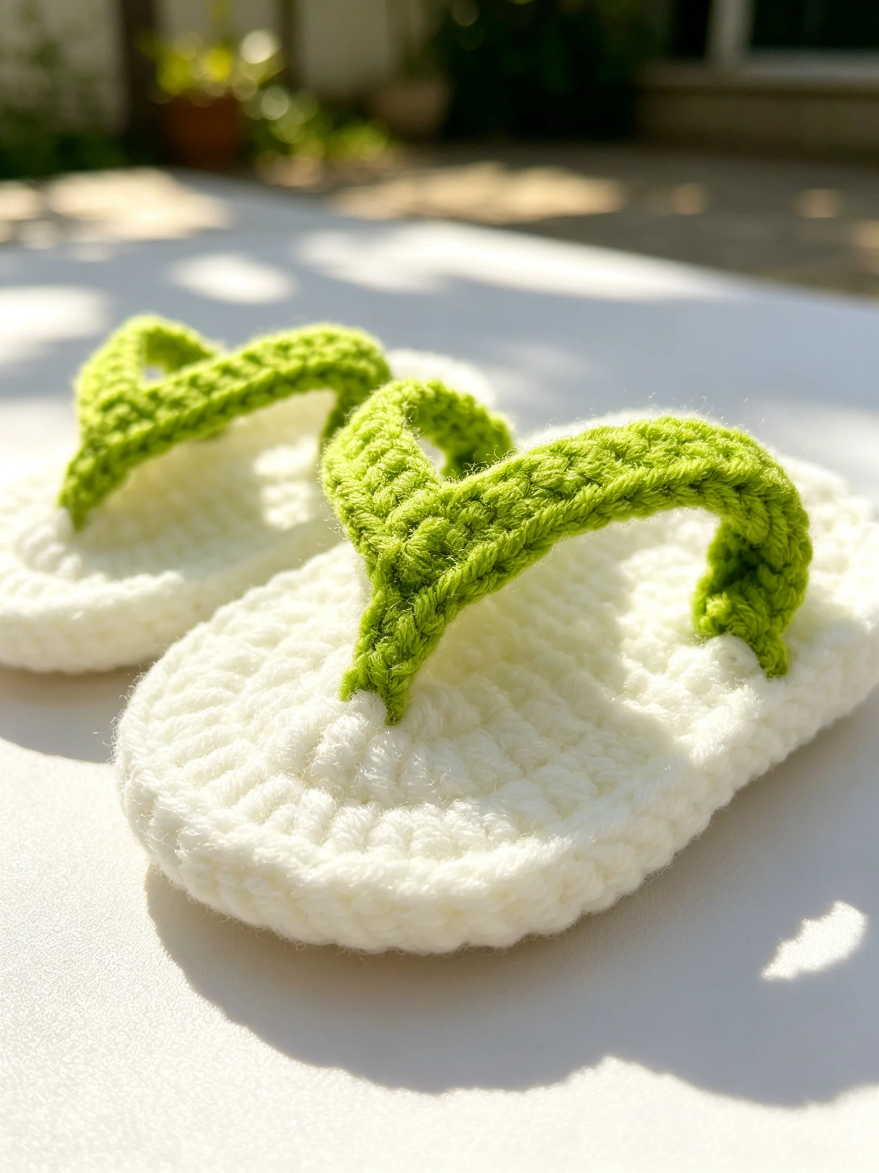 1 Pair Crochet Flip Flop Slippers, Handmade Knit Thong Sandal Style, White and Green