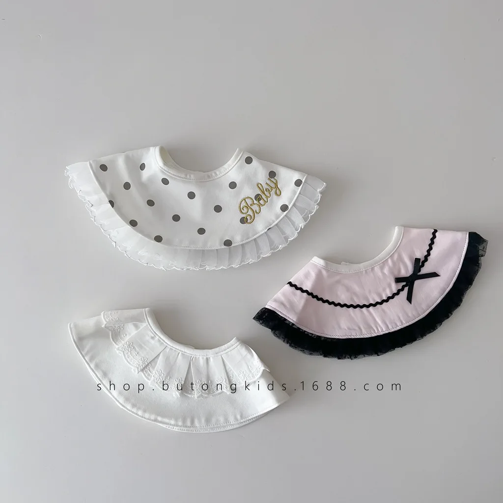 Baby Instagram Style Cute Bow Lace Creative Saliva Towel, Princess Fashion Ruffled Girl Can Rotate Pure Cotton Bib