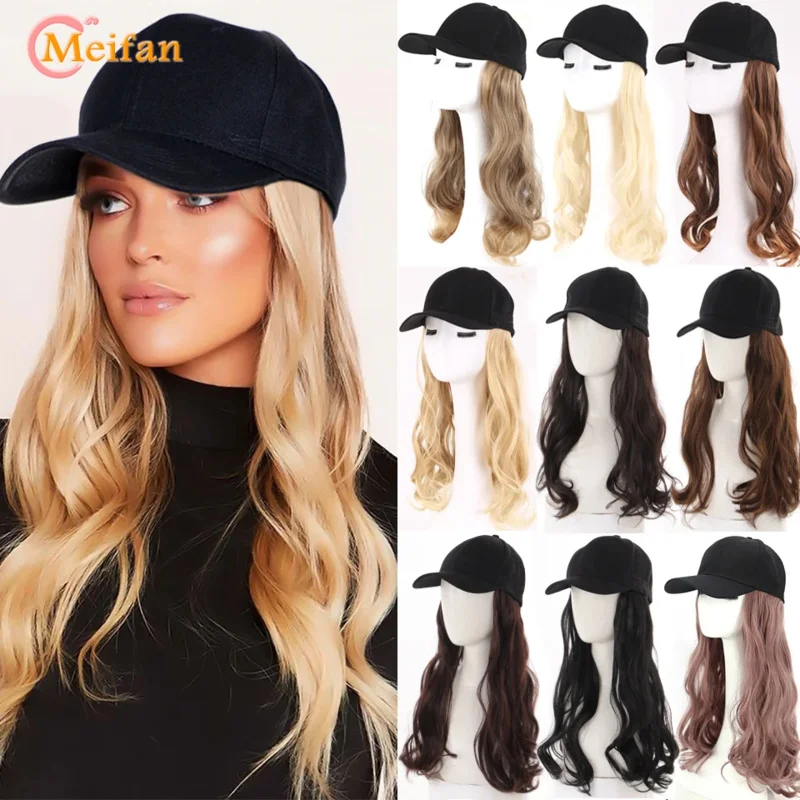 MEIFAN Synthetic Baseball Wig Long Wavy Curly Wig Black Trucker Hat Wigs Cap With Hair Naturally Connect Hair Cap Adjustable