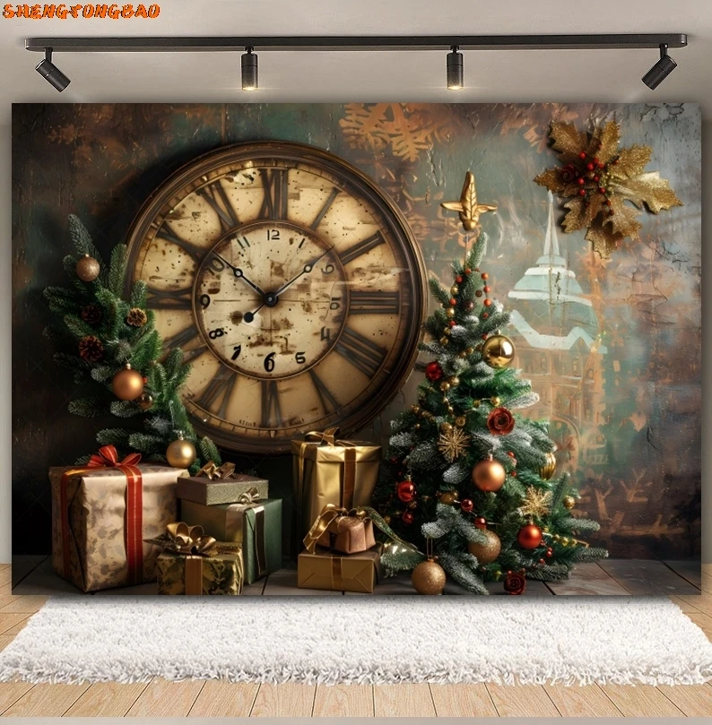 Рождественские фоны для фотографий, домашний дворец, зеленые гигантские часы, рождественская елка, подарок, семейный фон для вечеринки, декор, реквизит для фотостудии