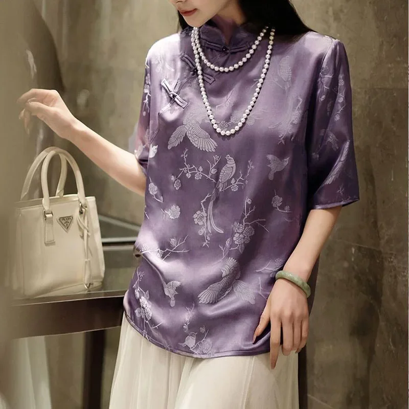 Look Very Happy Purple Frog Tops Women Summer Vintage Short Sleeve Printing Chinese Style Loose Stand Collar All-match Shirt