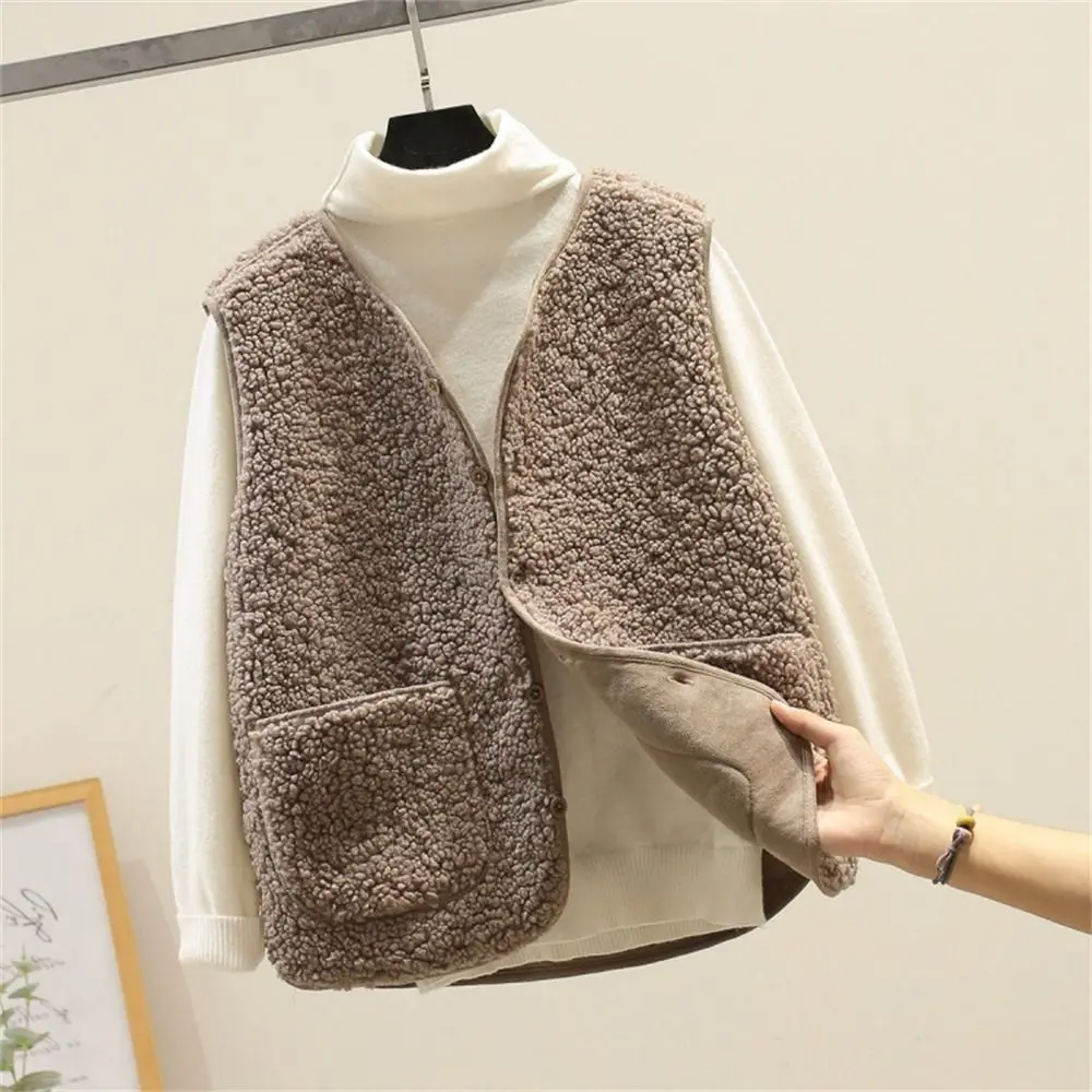 Fashion Lamb Hair Winter Fleece Vests Warm Thick Thermal Button Waistcoat Solid Color Short Type Sleeveless Jacket for Women