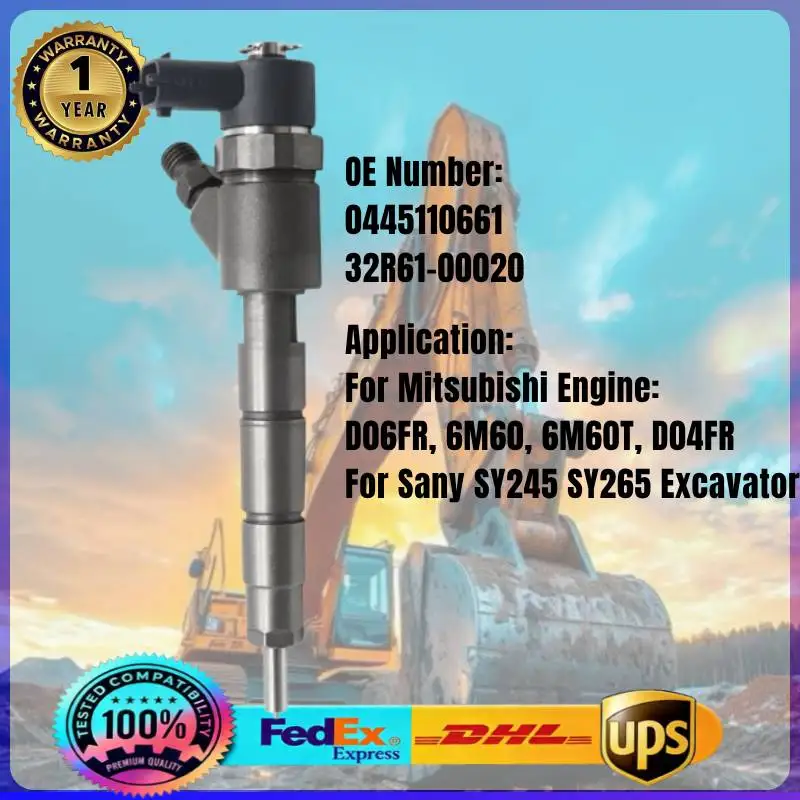 

0445110661 32R61-00020 Common Rail Fuel Injector for Mitsubishi Engine D06FR 6M60 6M60T D04FR SANY SY245 SY265 Excavator