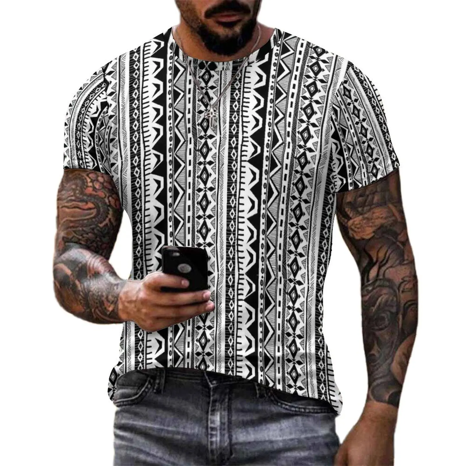 

Men Tribal Print T-Shirt Black and White Stripe Retro T Shirts Short-Sleeved Graphic Tshirt Cheap Summer Casual Big Size Tees