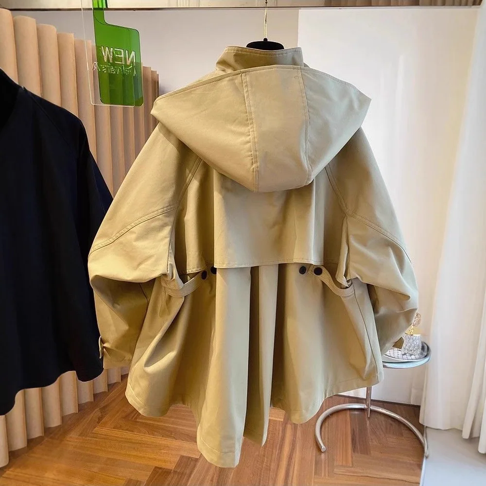 Cape Style Thin Short Trench Coats for Women Spring Autumn Windbreaker Vintage Loose Hooded Jackets Women Clothing Wind Jackets