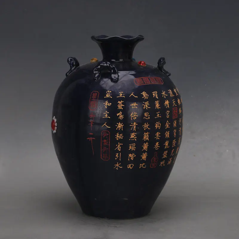 Song Jun Kiln Blue Glaze Gold Inscribed Xuanhe Style Four Loop Flower Mouth Vase Handmade Chinese Porcelain Home Decor Gift