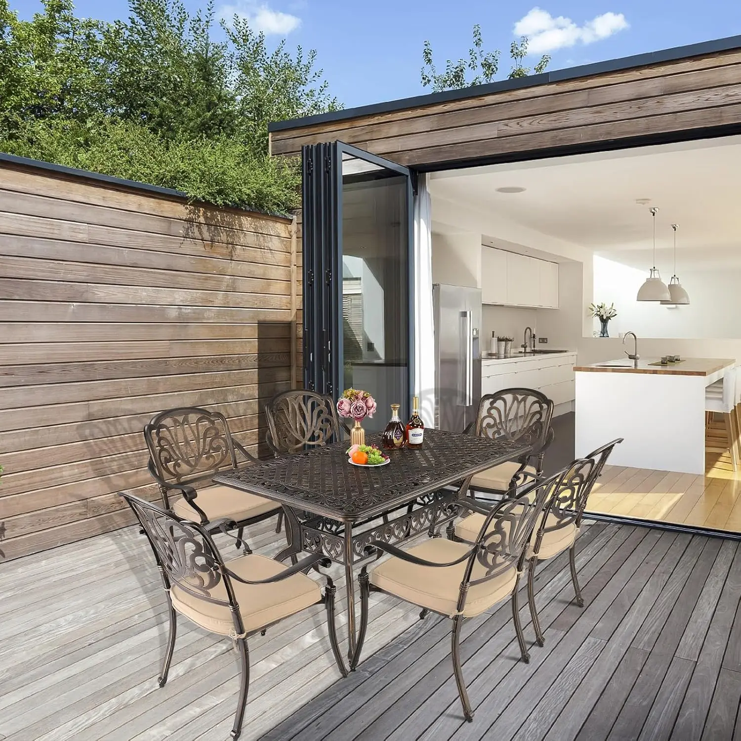 Eetkamerstoelen voor buiten, set van 4, met kussen, aluminium terrasstoelen, gegoten aluminium terrasmeubilair aluminium buitenstoelen