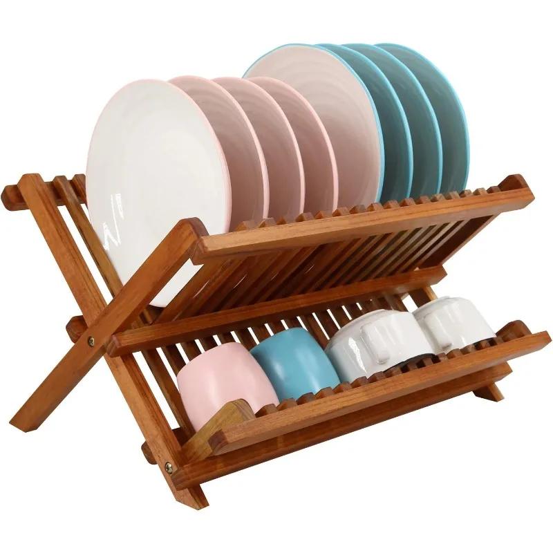 

Teak Dish Drainer Rack Collapsible 2 Tier Dish Rack Dish Drying Rack Foldable Plate Organizer Holder for Kitchen Compact