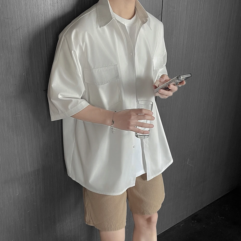 High Quality Solid Pockets Shirts Black Blouses 2024 Summer Korean Smooth Short Sleeve Shirt Streetwear Oversize Cargo Shirts