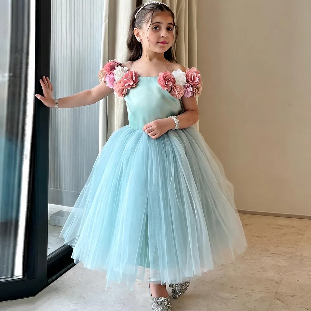 

Sky Blue Princess Dress Satin Flower Girl Dresses Cute Dress For Girls 3D Flower Puffy Birthday Dress Short Tulle Kids' Dresses