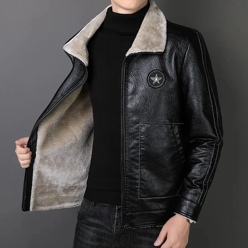 Mens Outwear Fleece Fur Collar Windbreaker Coat Male Pu Jacket Men Thick Warm Cashmere Military Bomber Tactical Leather Jackets