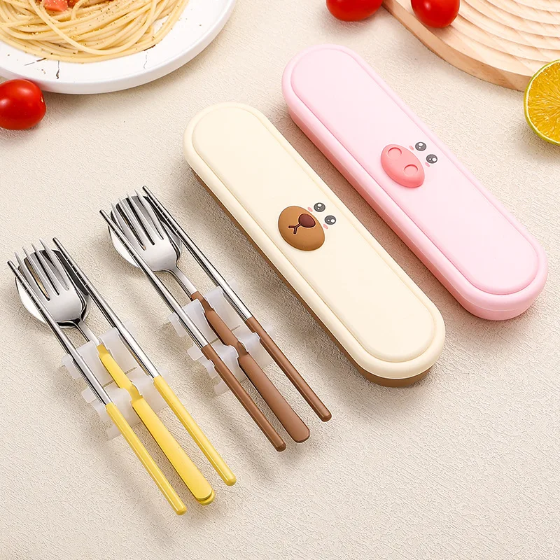 

Cutlery Set Stainless Steel Portable Fork Spoon Chopstick with Box Travelling Student Dinnerware Set Cute Cartoon Animal