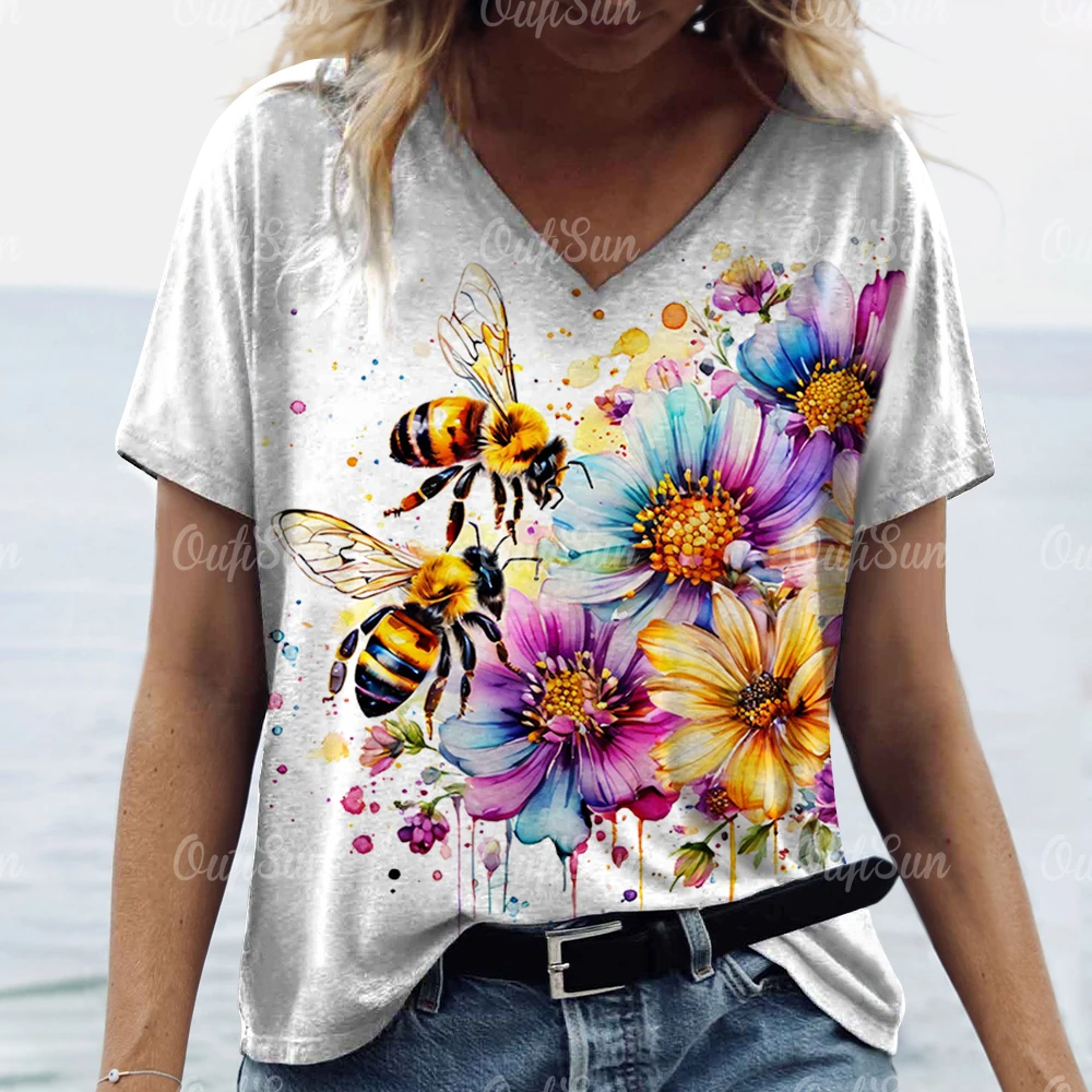 Summer Women\'s T-Shirt Vintage Bee Print Tops Natural Scenery V Neck Pullover Short Sleeve Loose Daily Casual Design Clothing