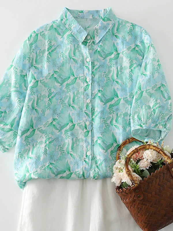 

Casual Cotton Linen Shirt Women's Loose Fit Versatile Slimming Print Design Short Sleeve Top Comfortable Breathable Summer Shirt