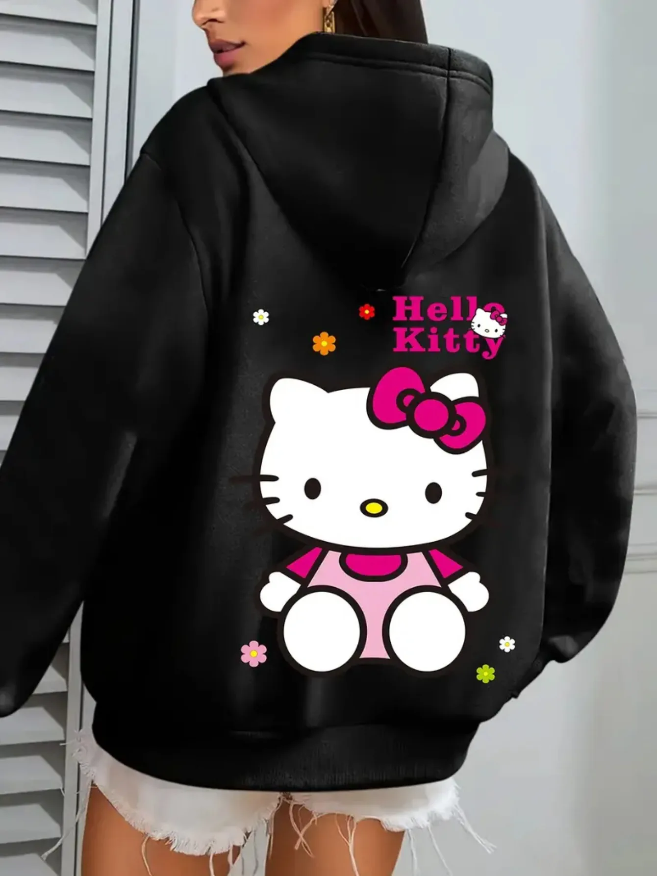 

Свитер с капюшоном с принтом Hello Kitty, осень 2022, новый модный черный джемпер, пуловер унисекс, рубашка большого размера, одежда Y2k, мужская одежда