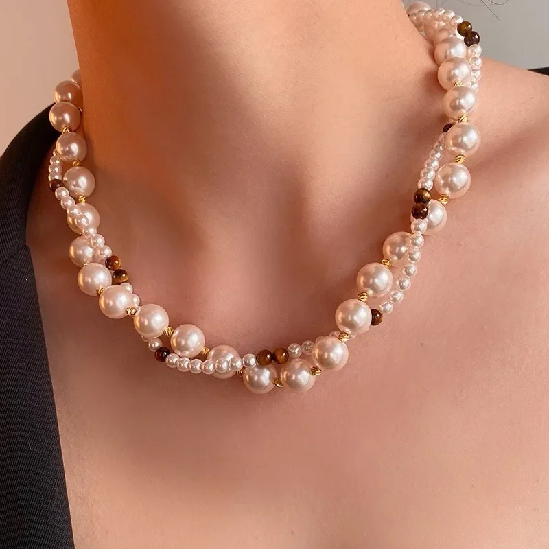 

Gold Ingot Buckle Maillard Tiger's Eye Stone Double-layer Shijia Pearl Necklace Women's Autumn and Winter Retro Niche Collarbone