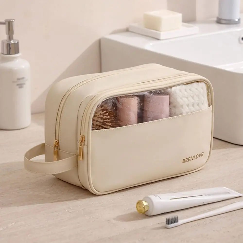 

Ins Style Women Makeup Organizer Portable Waterproof Handheld Bag with Handle Double zipper Travel Cosmetic Pouch
