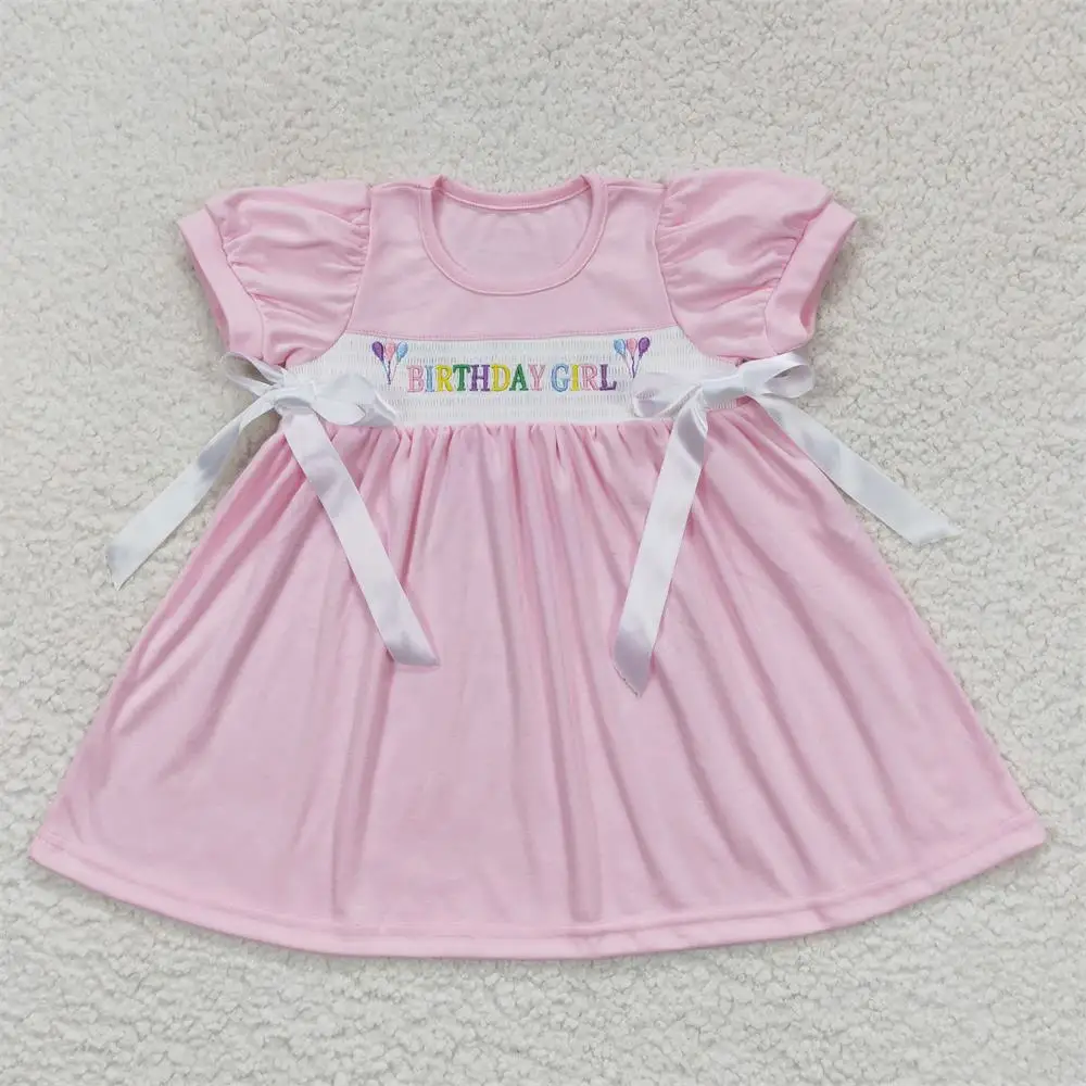 Wholesale Kids Children Birthday Smocked Embroidery Pink Cotton Dress Boutique Toddler Bow Baby Girl Short Sleeves Clothes