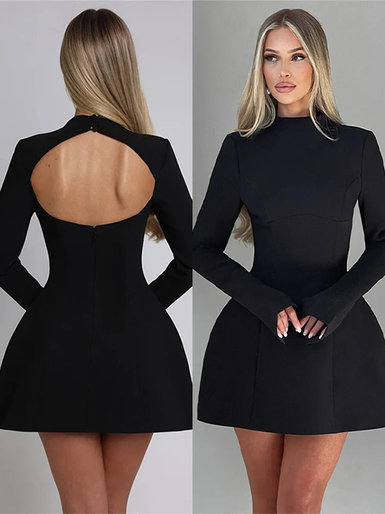 

2026 Fashion High Waist Party Evening Dress Mini Dress Women's Open Back Round Neck Long Sleeve A-line Dress Style