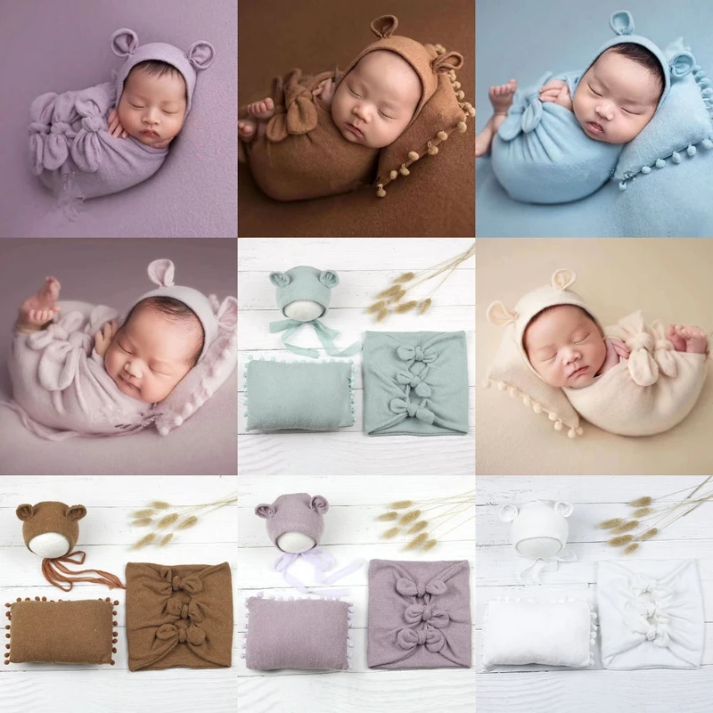 3 Pcs/Set Newborn Photography Props Baby Boy Girl Hat Pillow Blanket Set Cute Ears Beanie Cap Swaddle Wrap for Head Cush