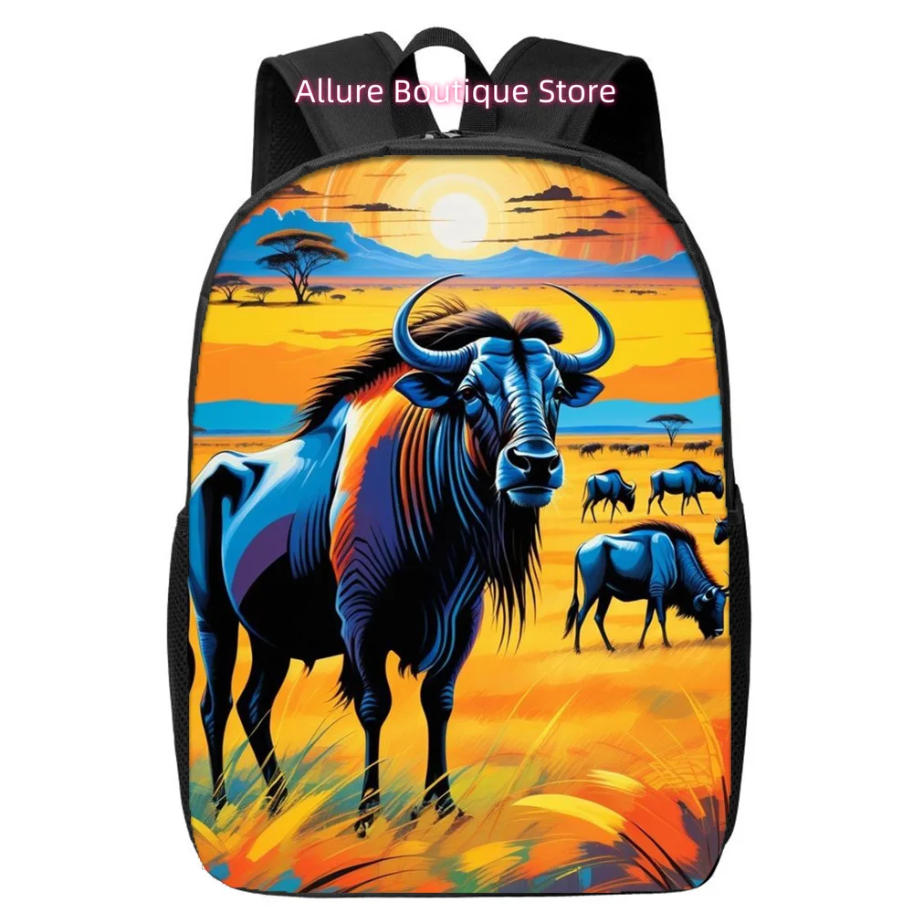 Everyday Backpack, Computer Bag, Black Travel Luggage, Adjustable Shoulder  African savannah-themed painted illustration pattern