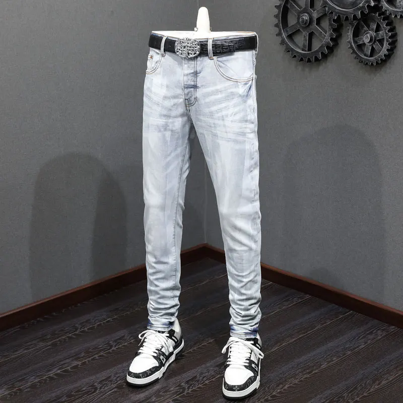 

Street Fashion Men Jeans Retro Washed Light Blue Stretch Skinny Fit Ripped Jeans Men Brand Designer Hip Hop Denim Pants Hombre