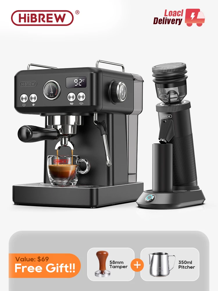 HiBREW H10A ماكينة اسبريسو سوداء حجم درجة الحرارة قبل التخمير قابل للتعديل 58 مللي متر Portafilter كابتشينو صانع القهوة
