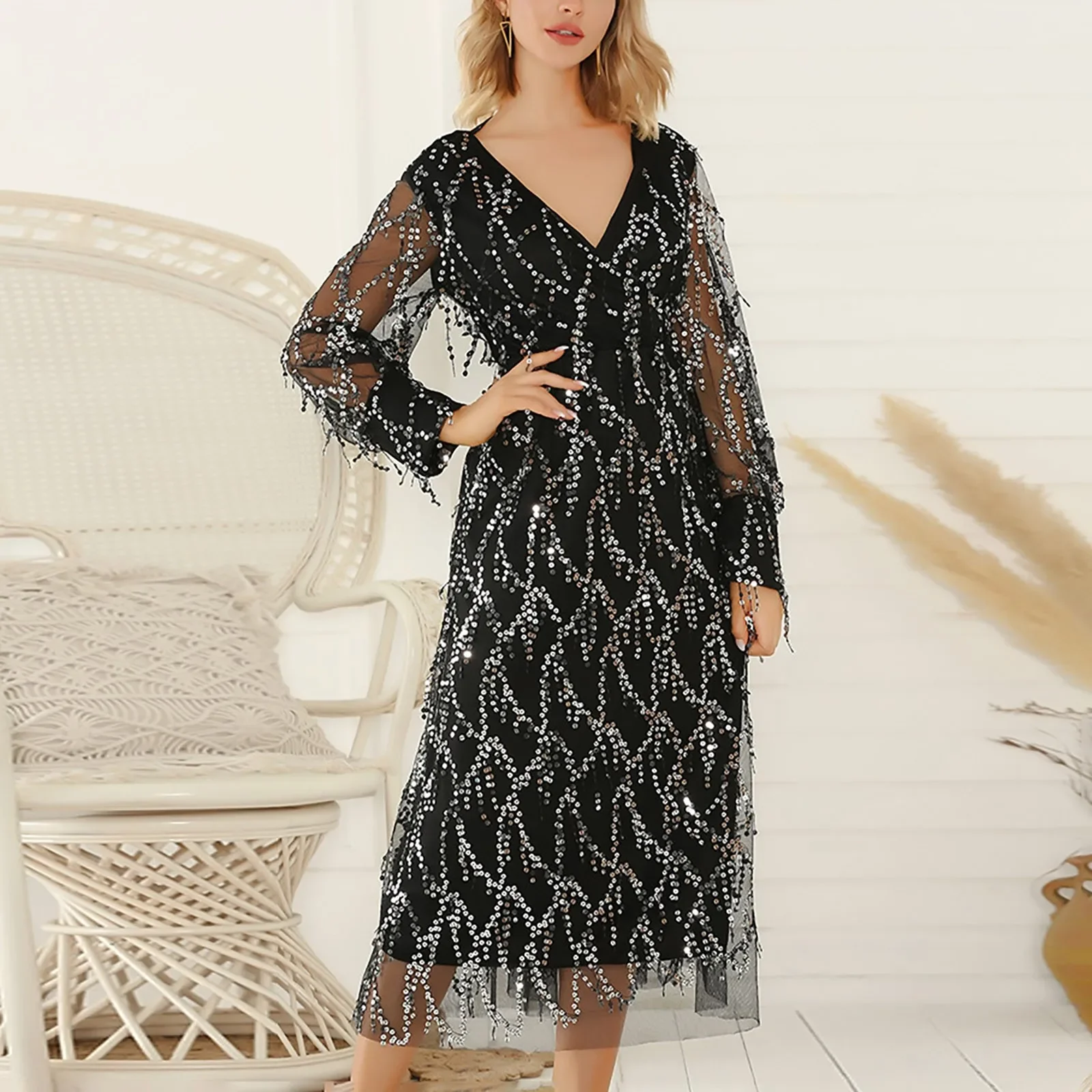 

Sexy Black Sequin Maxi Summer Dress Women Vintage Bodycon Long Sleeve Club Party Dresses Robe Woman Dress Clothes Vestidos 2024