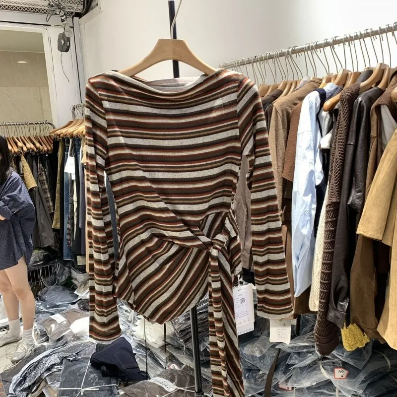 

Women's Pullover Korean Contrast Striped Irregular Strap One-shoulder Sweater Long-sleeved Top
