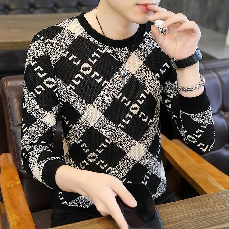 

Fashion Brand Autumn Men Royal Grid T Shirt O-Neck Pullover Casual Personality Pattern Comfortable Funny T Shirt Tee Shirt Homme