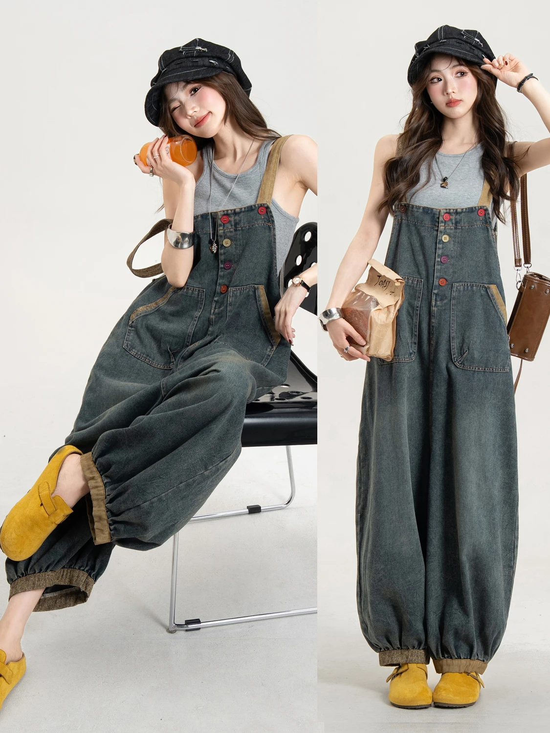 

Loose Artistic Women's Overalls Summer Vintage Casual Design Denim Strap Pants High Waist Soft Cotton Spring Summer Ladies