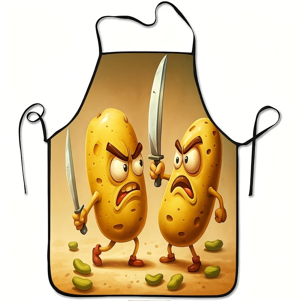 Funny Potato Warrior Apron, Cartoon Tuber Characters with Knife Graphic Cooking Bib, Novelty Kitchen Gift for Men