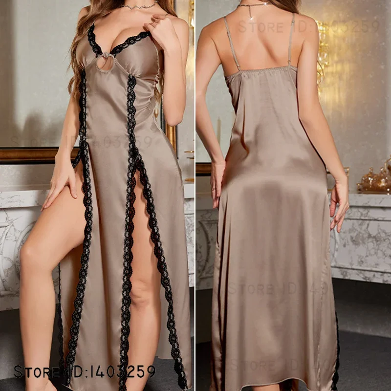 مثير سبليت الحمالات ثوب النوم قميص النوم الصيف جديد حريري الساتان فستان النوم الحميمة الملابس الداخلية الإناث ملابس المنزل المتسكعون