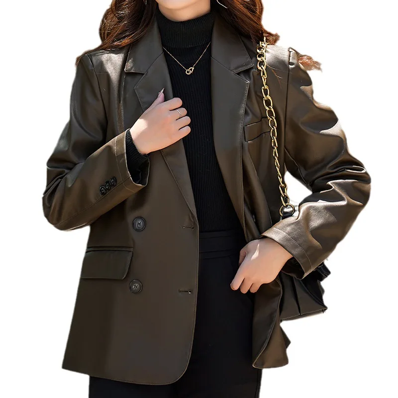 Spring New Blazer Leather Jacket Women's Double Breasted Loose Leather Jacket Casual Lapel Lady PU Coat Solid Windproof Top