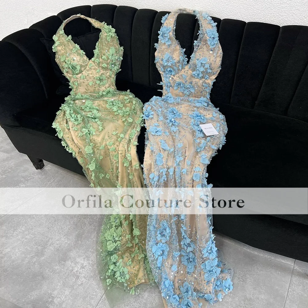 Exquisite Blue Mermaid Prom Dress For Girls With Flowers Sequins Long Evening Party Dresses Customized Vestidos De Gala
