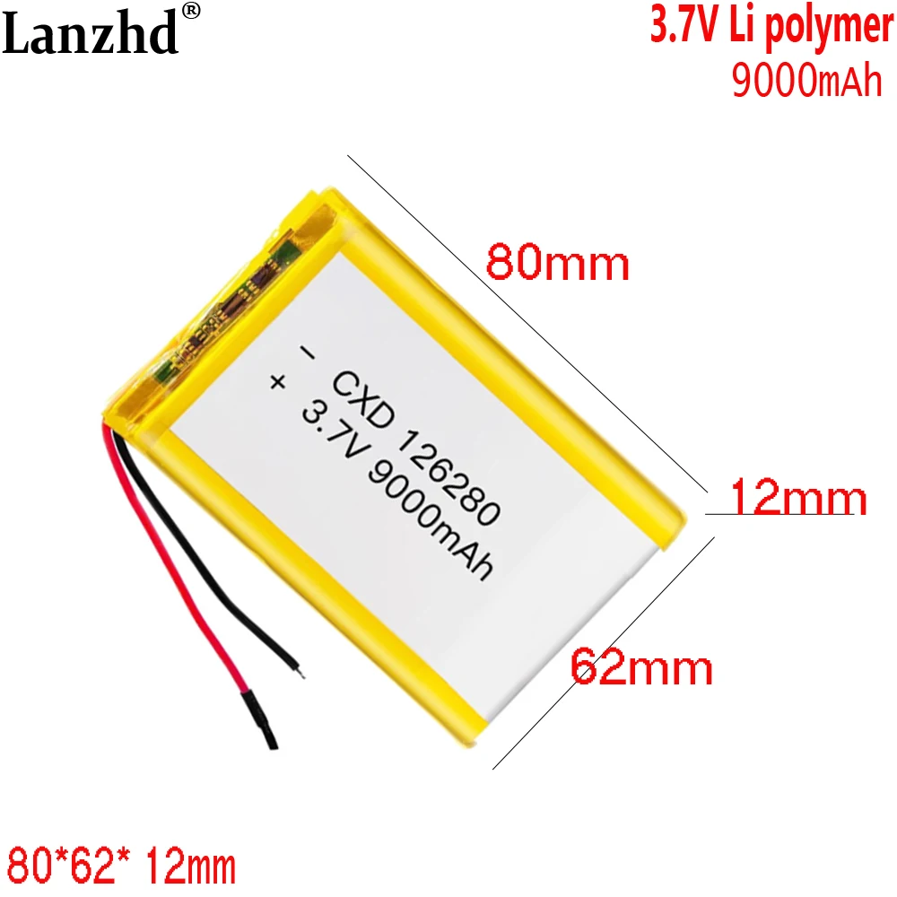

3.7V polymer lithium battery For mobile power bank outdoor audio system LED light Fast charger Commercial 9000mAh 126280