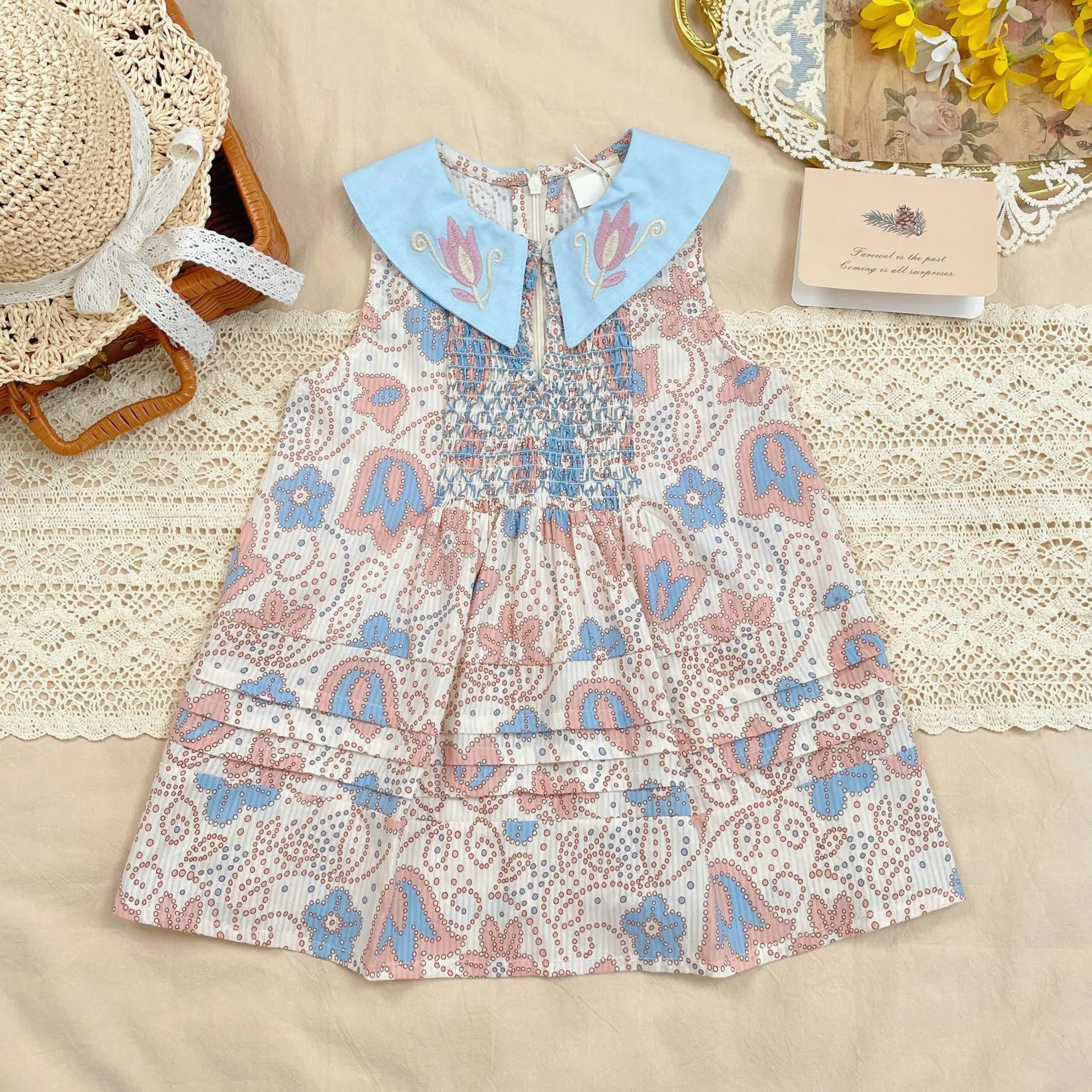 In stock! 2024 Summer APO Retro Style Girl Heavy Floral lapel dress Children's Princess dress