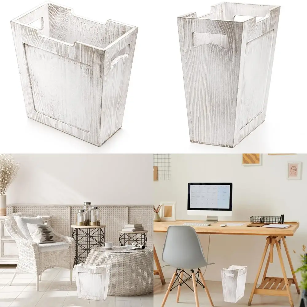 

Rustic Farmhouse-Style Wooden Trash Bin with Handle, Small Rectangular Decorative Wastebasket for Home and Office Use