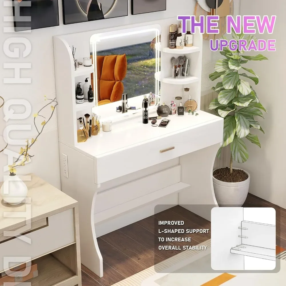 Vanity Desk Makeup Mirror and Lights, White Makeup Table with Big Drawer, Power Outlet, Stronger Links, Bedroom, Dressing Room