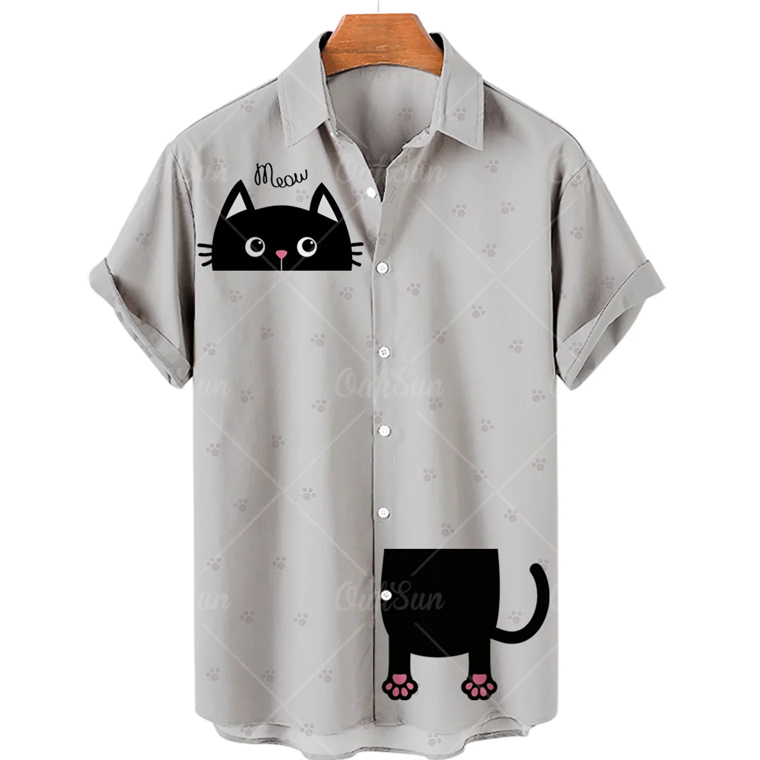 Camisa de praia havaiana de manga curta masculina, tamanho positivo, moda estampada, elegante, social, respirável, padrão gato, roupas góticas, verão